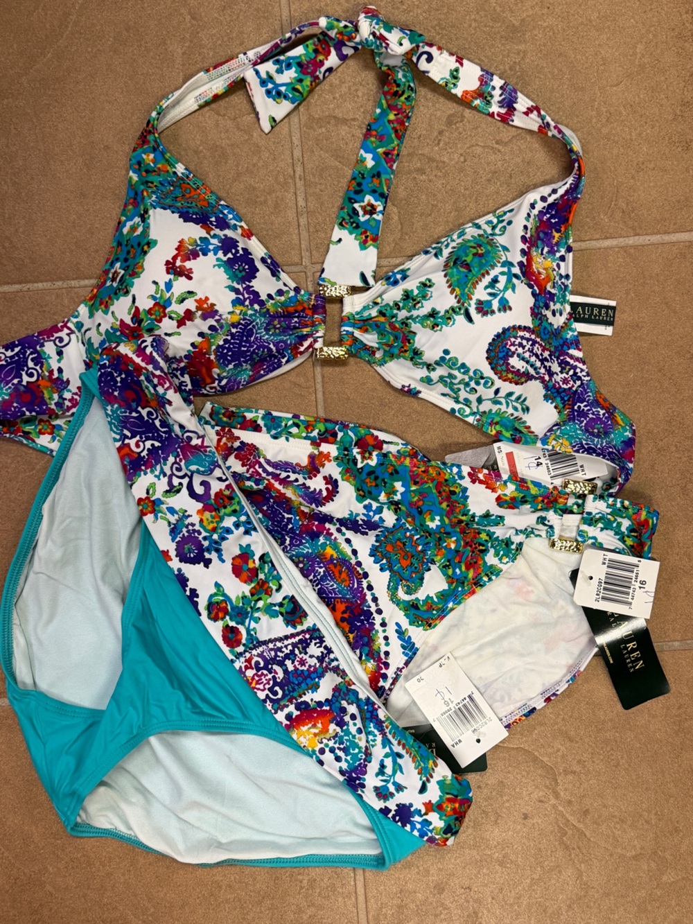Ralph Lauren White/Turquoise Paisley Three-Piece Mix-Match Swimsuit Set